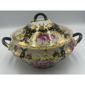VTG Japanese‎ Porcelain Moriage Hand Painted 2 Handles Covered Serving Bowl Gold